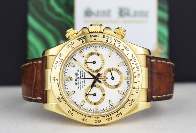 ROLEX 40mm 18kt Yellow Gold Daytona Leather Strap White Index Dial Model 116518