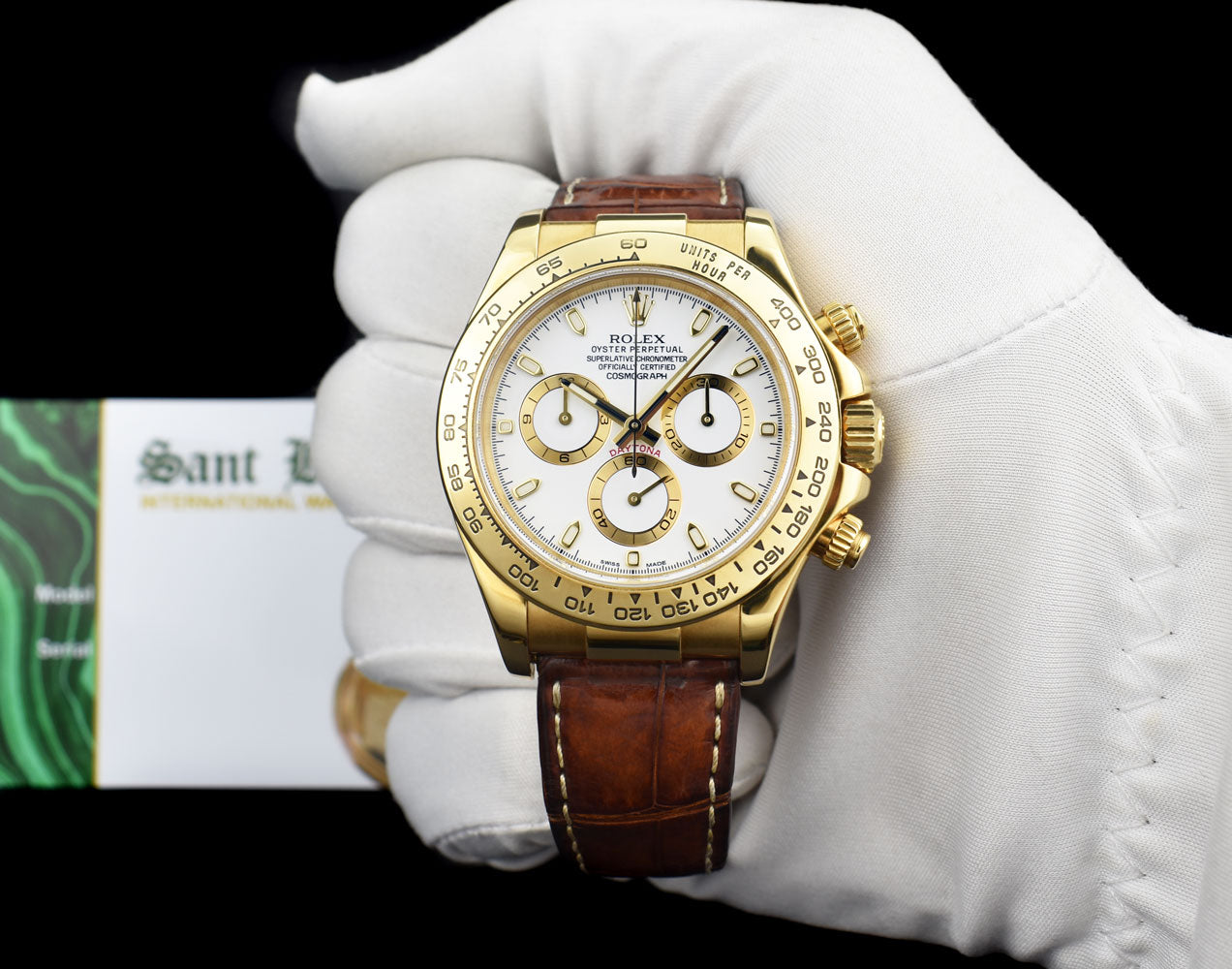 ROLEX 40mm 18kt Yellow Gold Daytona Leather Strap White Index Dial Mod