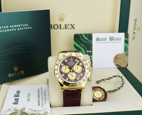 ROLEX 18kt Gold DAYTONA Burgundy Strap Tahitian MOP Diamond Model 116518