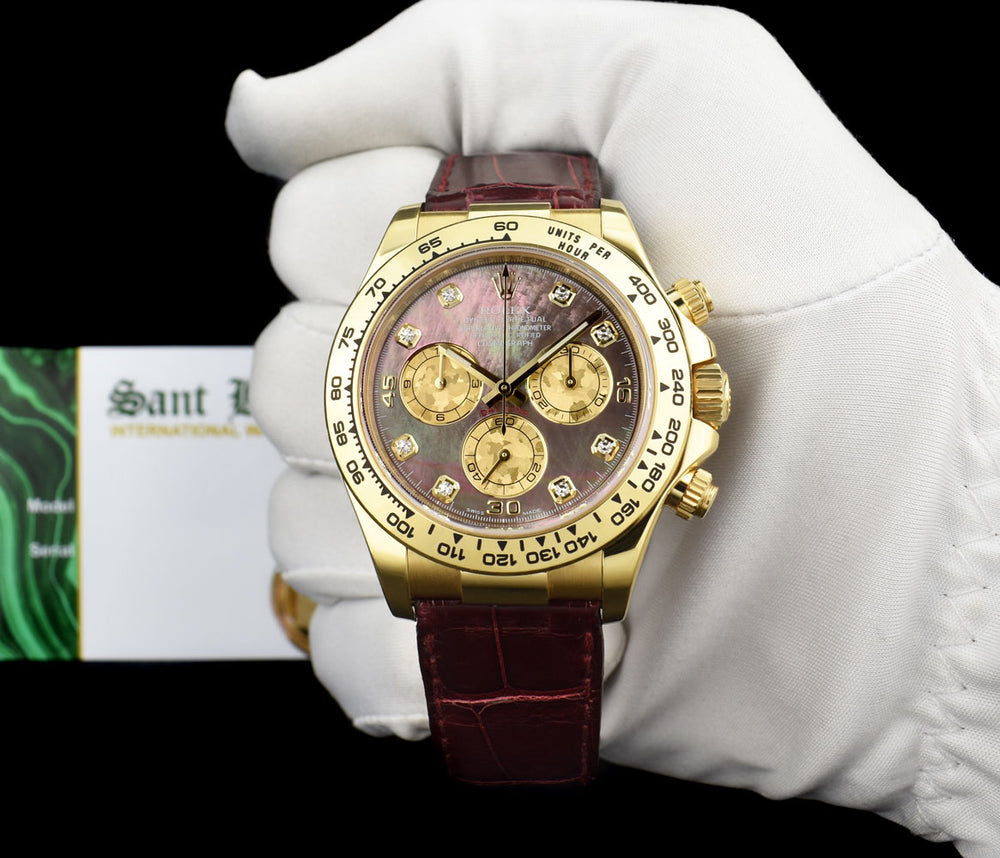 ROLEX 18kt Gold DAYTONA Burgundy Strap Tahitian MOP Diamond Model
