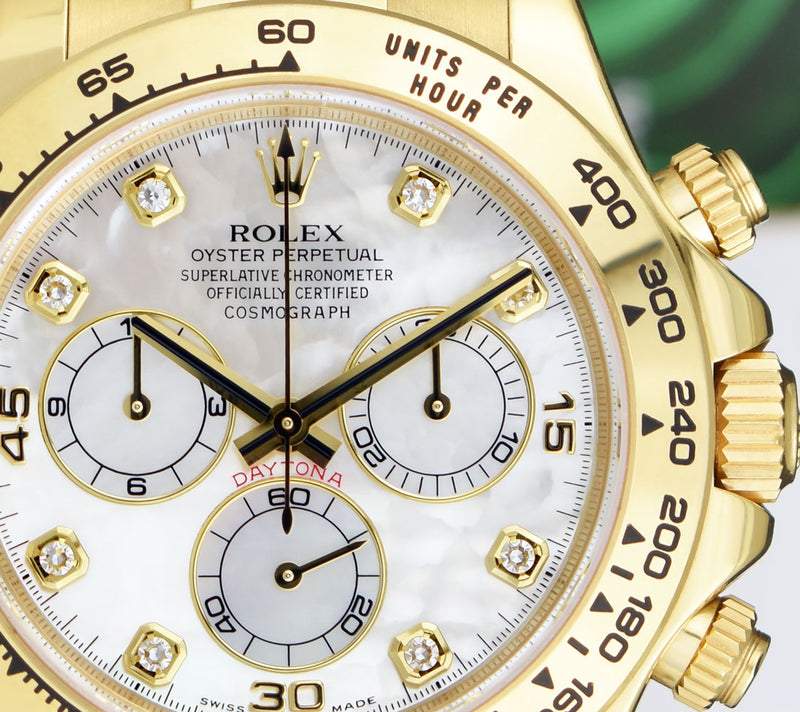 ROLEX 40mm 18kt Gold Daytona White Leather Strap Mother of Pearl Diamond Dial Model 116518