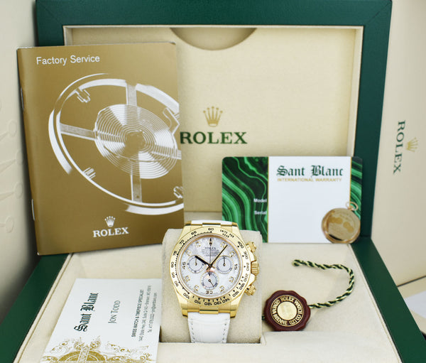 ROLEX 40mm 18kt Gold Daytona White Leather Strap Mother of Pearl Diamond Dial Model 116518