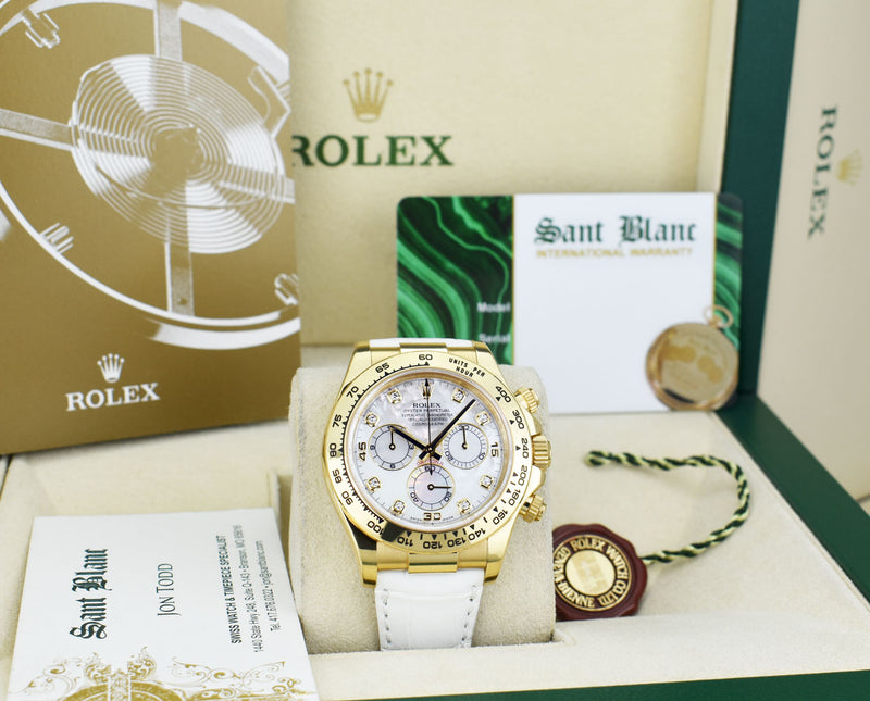 ROLEX 40mm 18kt Gold Daytona White Leather Strap Mother of Pearl Diamond Dial Model 116518