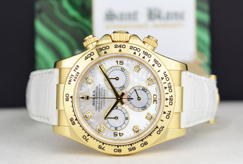 ROLEX 40mm 18kt Gold Daytona White Leather Strap Mother of Pearl Diamond Dial Model 116518