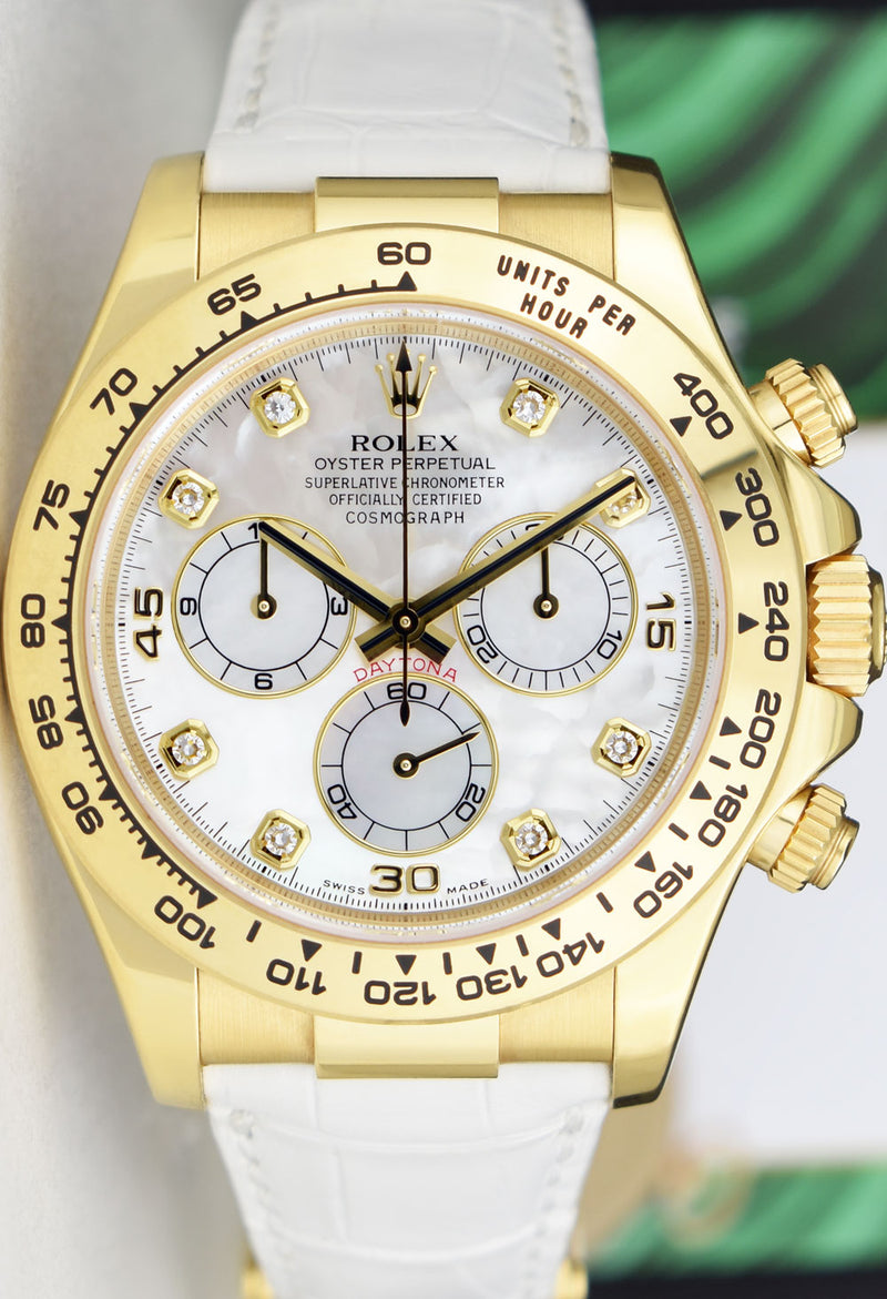 ROLEX 40mm 18kt Gold Daytona White Leather Strap Mother of Pearl Diamond Dial Model 116518