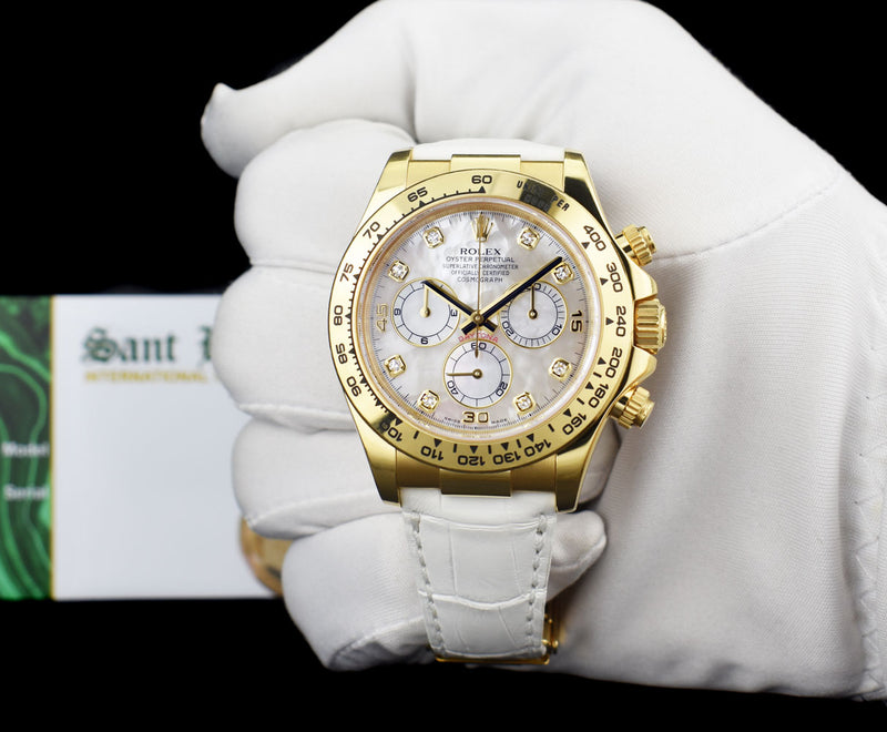 ROLEX 40mm 18kt Gold Daytona White Leather Strap Mother of Pearl Diamond Dial Model 116518