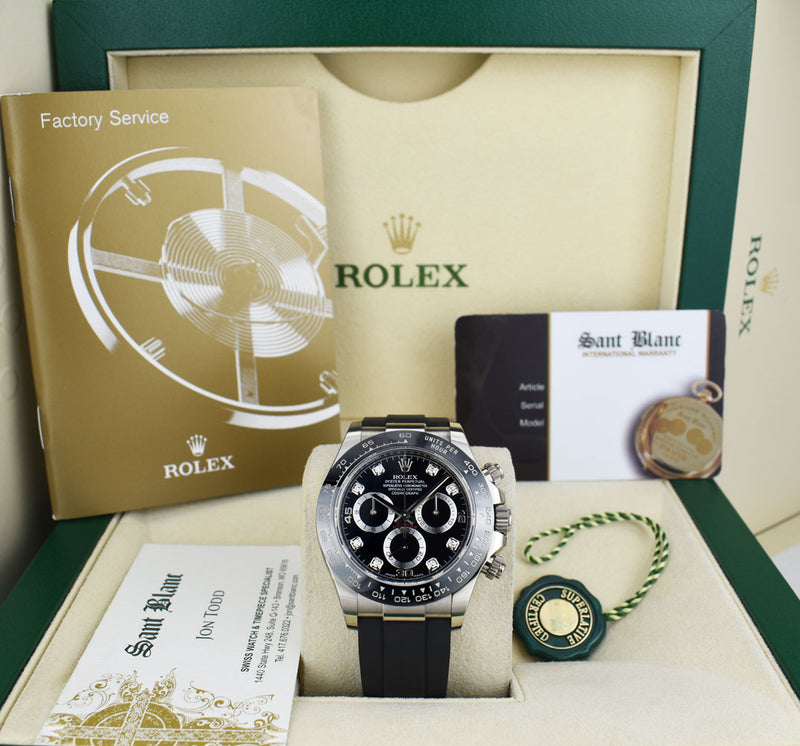 ROLEX White Gold Daytona Black Diamond Dial Oysterflex Strap Model 116519LN