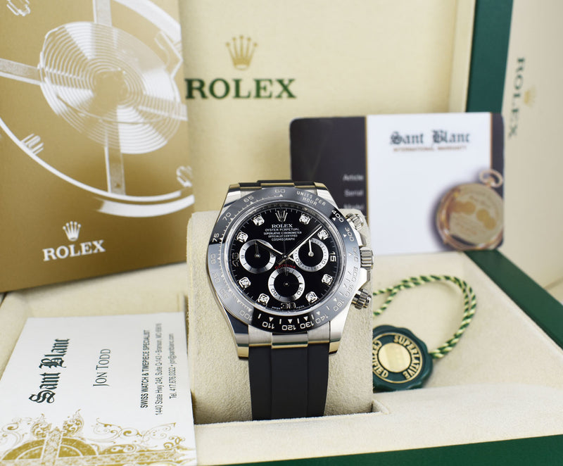 ROLEX White Gold Daytona Black Diamond Dial Oysterflex Strap Model 116519LN