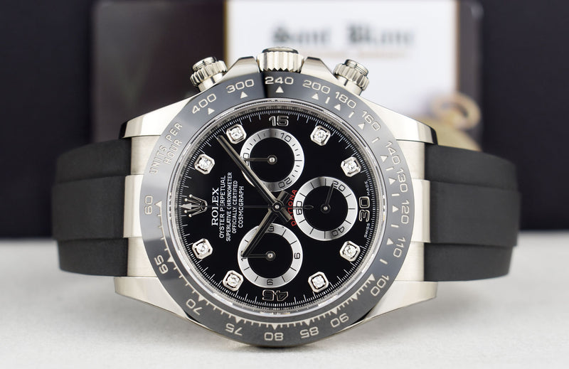 ROLEX White Gold Daytona Black Diamond Dial Oysterflex Strap Model 116519LN