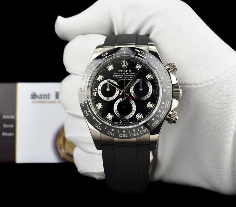 ROLEX White Gold Daytona Black Diamond Dial Oysterflex Strap Model 116519LN