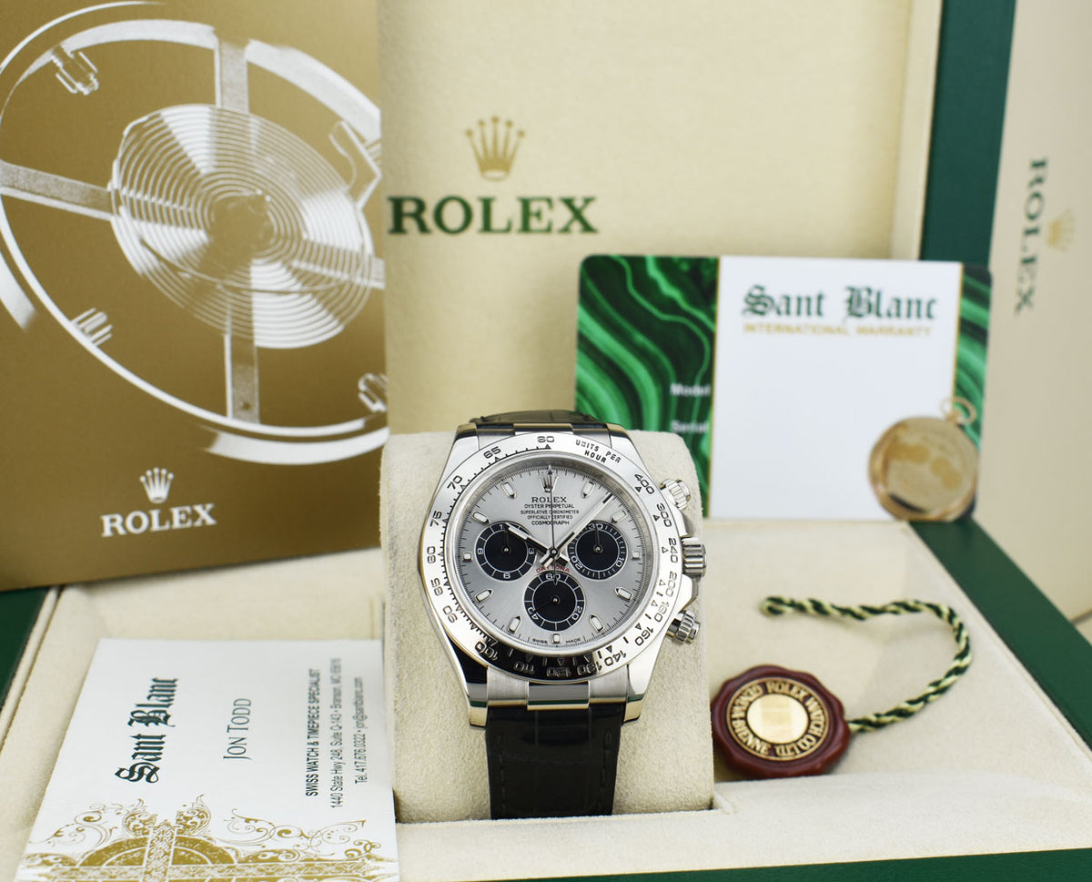 ROLEX 18kt White Gold Daytona Steel Slate Panda Leather Strap