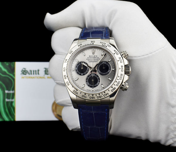 ROLEX 18kt White Gold Daytona Steel Index Dial Blue Strap Model 116519*