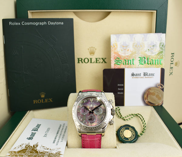 ROLEX 18kt White Gold Daytona Mother of Pearl Roman Pink Crocodile Strap Model 116519