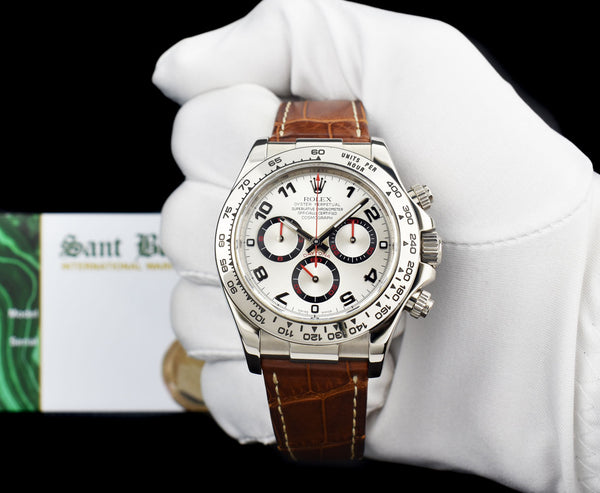 ROLEX 18kt White Gold Daytona Silver Dial Cognac Leather Strap Model 116519