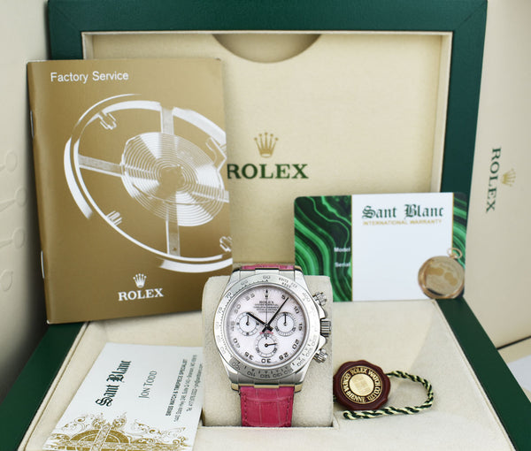 ROLEX White Gold Daytona Rose Mother of Pearl Dial Pink Crocodile Strap Model 116519*