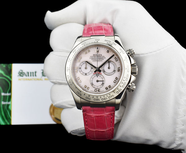 ROLEX White Gold Daytona Rose Mother of Pearl Dial Pink Crocodile Strap Model 116519*