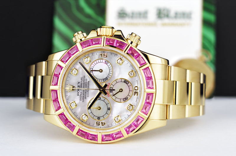 ROLEX 40mm 18kt Gold Daytona Mother of Pearl Diamond Custom Pink Bezel Model 116528