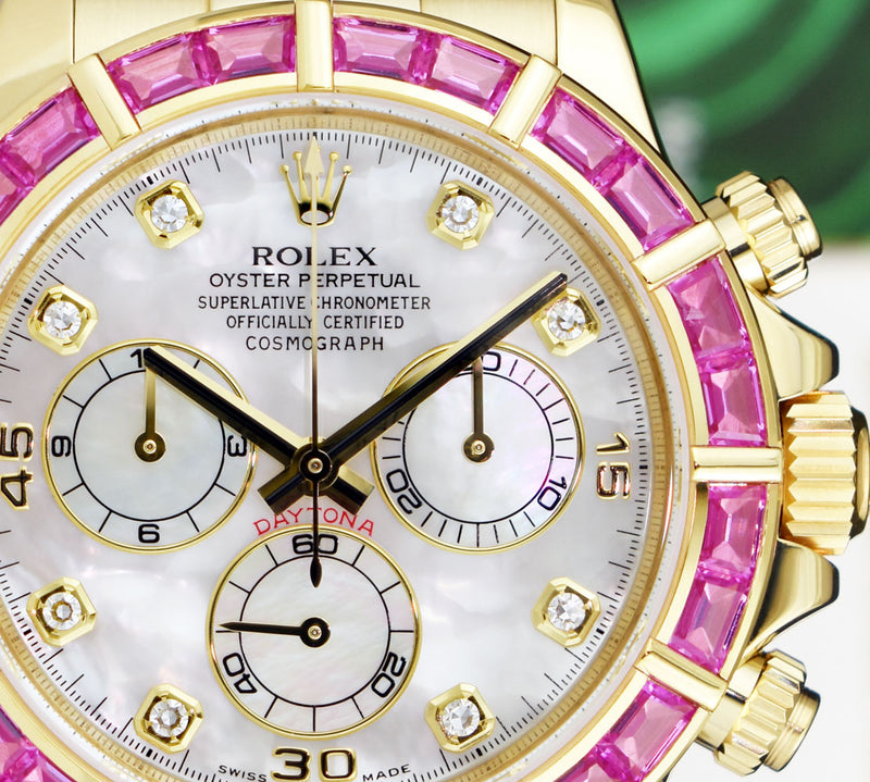 ROLEX 40mm 18kt Gold Daytona Mother of Pearl Diamond Custom Pink Bezel Model 116528