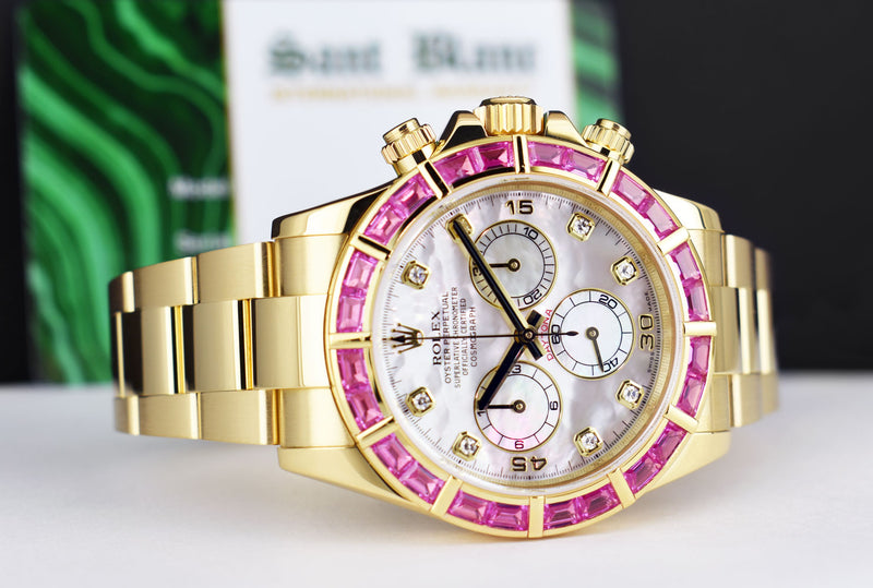 ROLEX 40mm 18kt Gold Daytona Mother of Pearl Diamond Custom Pink Bezel Model 116528