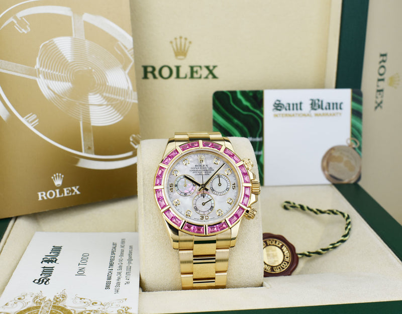 ROLEX 40mm 18kt Gold Daytona Mother of Pearl Diamond Custom Pink Bezel Model 116528