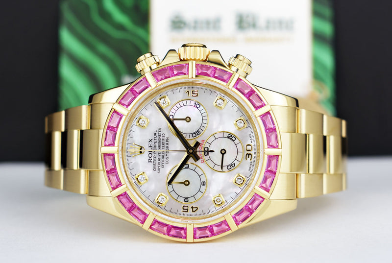 ROLEX 40mm 18kt Gold Daytona Mother of Pearl Diamond Custom Pink Bezel Model 116528