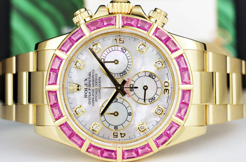 ROLEX 40mm 18kt Gold Daytona Mother of Pearl Diamond Custom Pink Bezel Model 116528