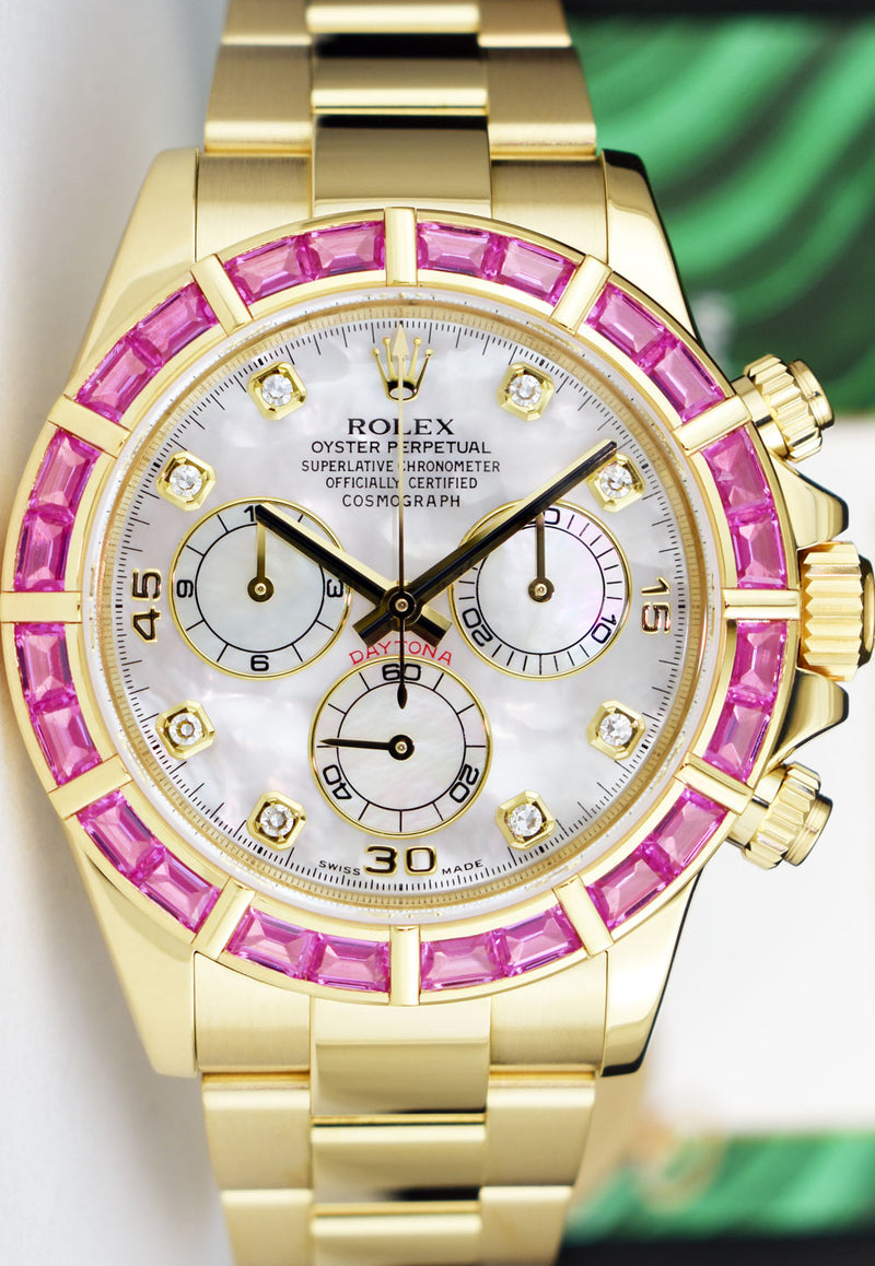 ROLEX 40mm 18kt Gold Daytona Mother of Pearl Diamond Custom Pink Bezel Model 116528