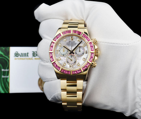 ROLEX 40mm 18kt Gold Daytona Mother of Pearl Diamond Custom Pink Bezel Model 116528