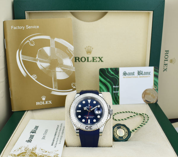 ROLEX 40mm Platinum & Stainless Steel YachtMaster Blue Dial Rubber B Strap Model 116622