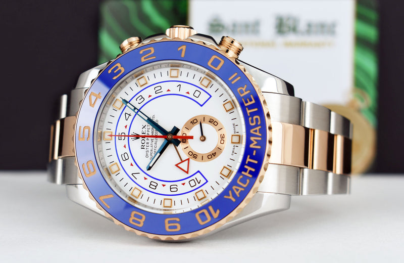 ROLEX 18kt Rose Gold & Stainless YachtMaster II Blue Hands Model 116681