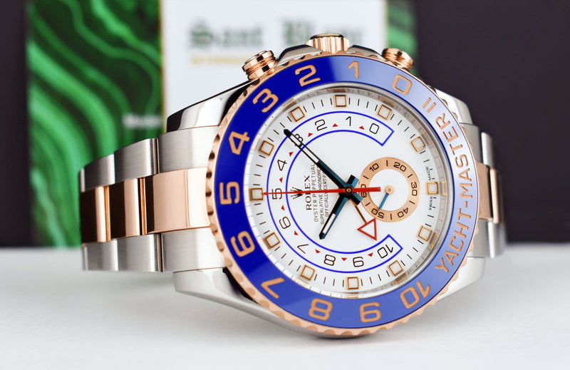 ROLEX 18kt Rose Gold & Stainless YachtMaster II Blue Hands Model 116681