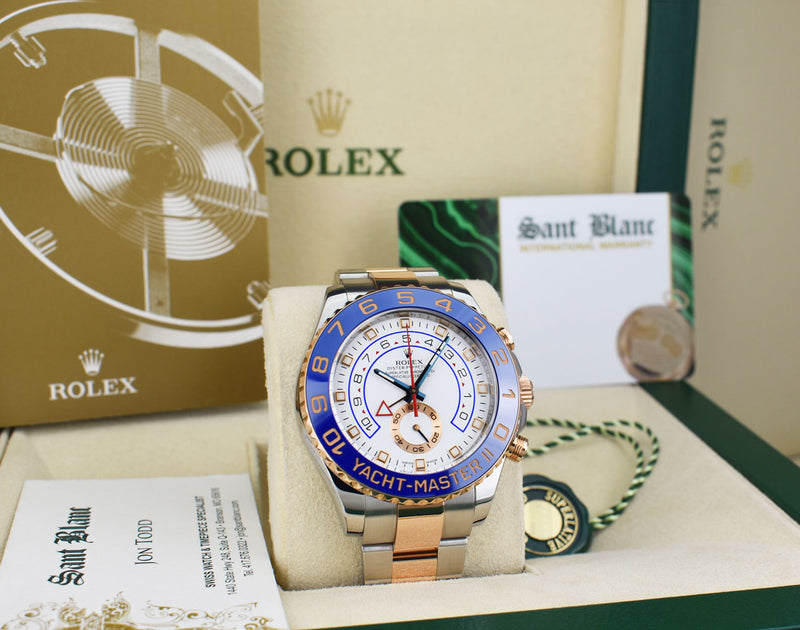 ROLEX 18kt Rose Gold & Stainless YachtMaster II Blue Hands Model 116681