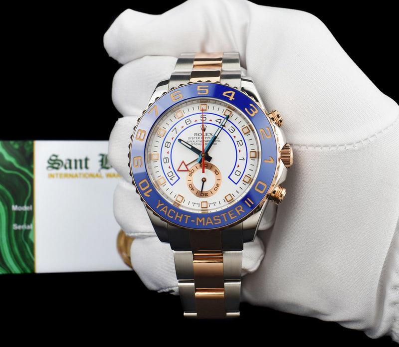 ROLEX 18kt Rose Gold & Stainless YachtMaster II Blue Hands Model 116681