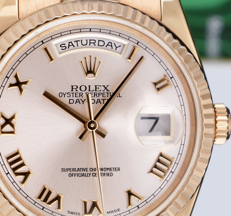 ROLEX Everose Gold Day Date President Rose Roman Fluted Bezel Model 118235