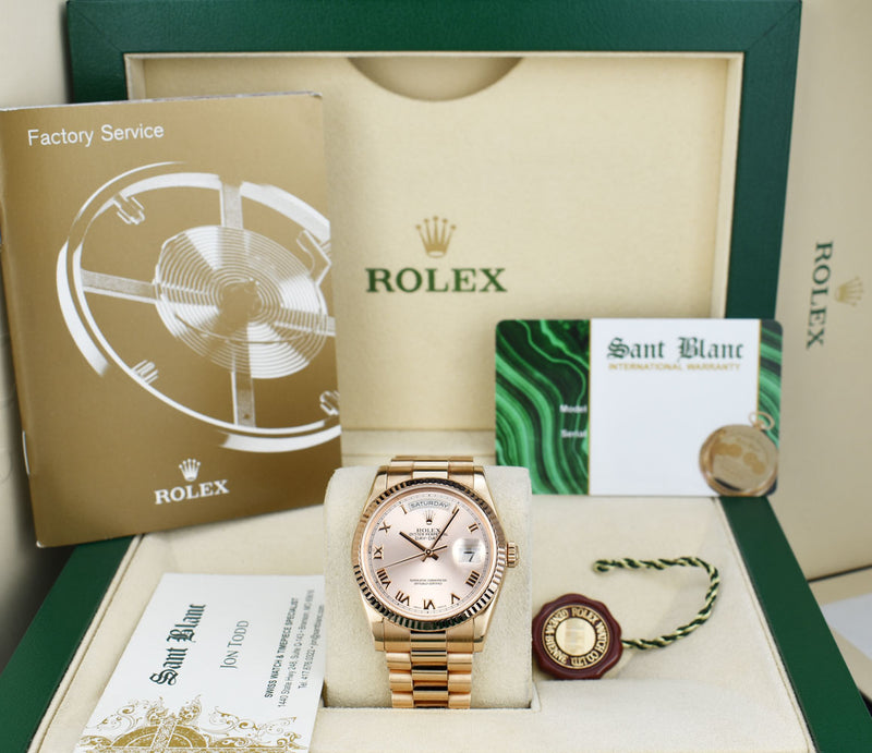 ROLEX Everose Gold Day Date President Rose Roman Fluted Bezel Model 118235