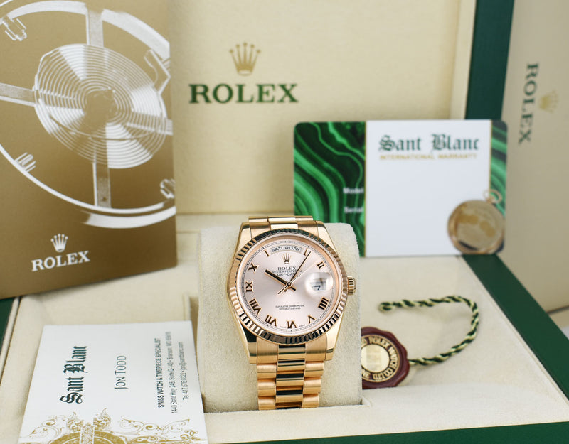 ROLEX Everose Gold Day Date President Rose Roman Fluted Bezel Model 118235