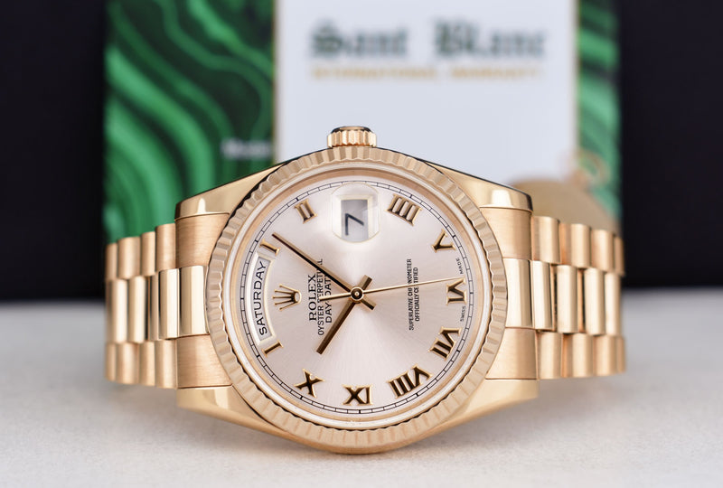 ROLEX Everose Gold Day Date President Rose Roman Fluted Bezel Model 118235