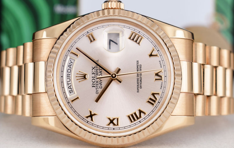 ROLEX Everose Gold Day Date President Rose Roman Fluted Bezel Model 118235