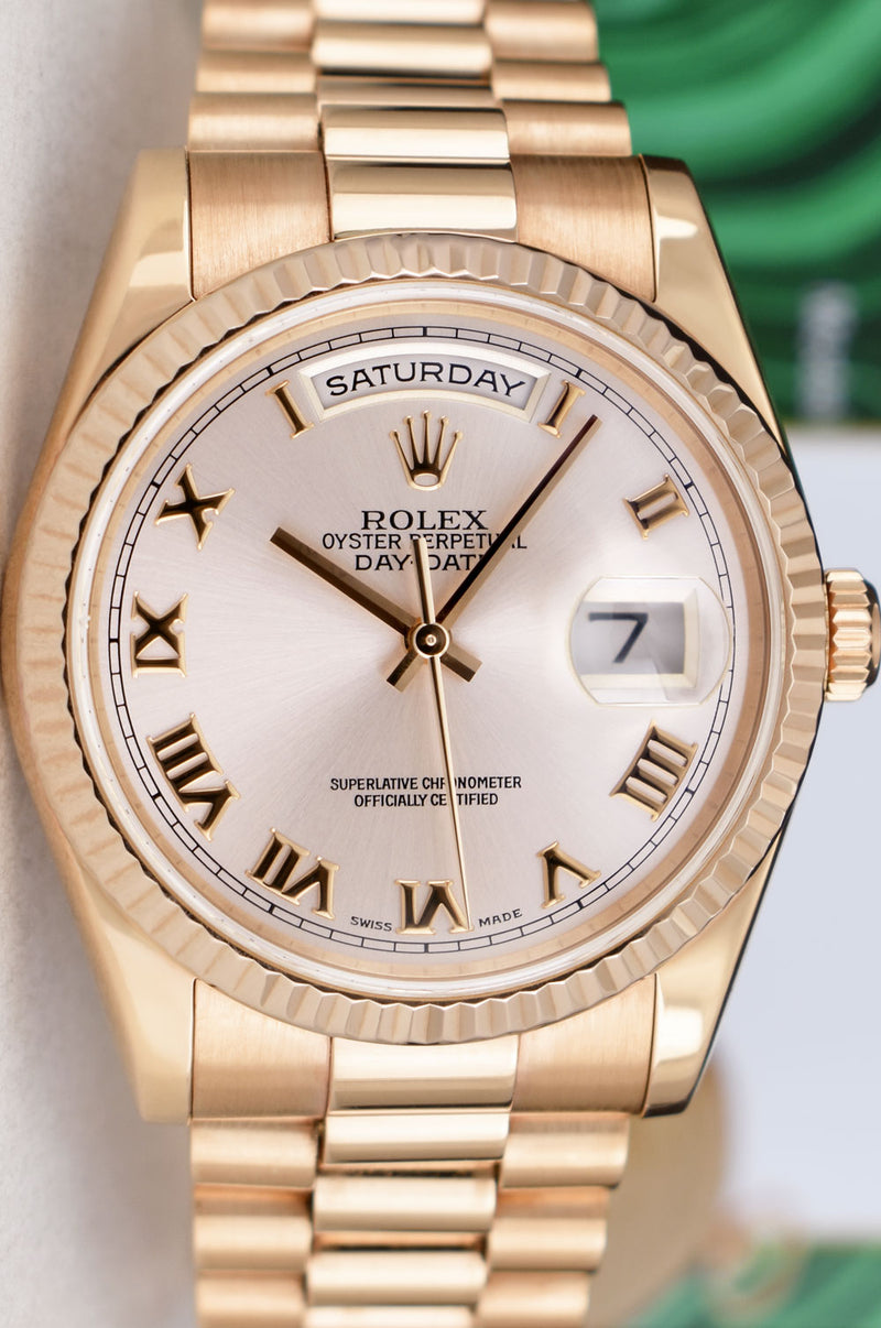 ROLEX Everose Gold Day Date President Rose Roman Fluted Bezel Model 118235