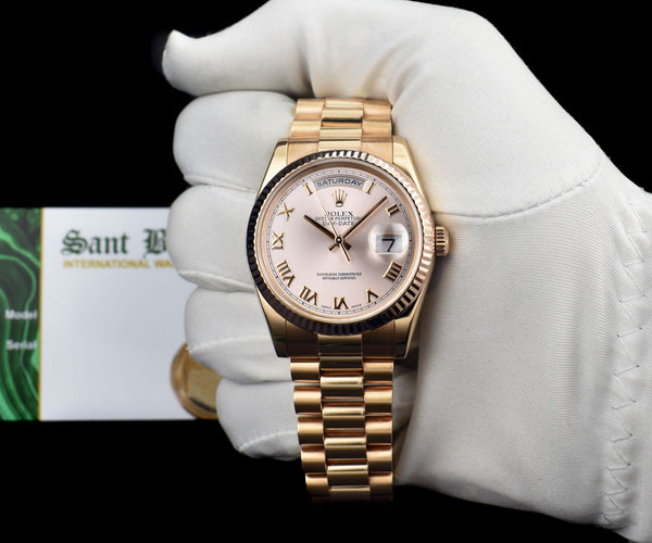 ROLEX Everose Gold Day Date President Rose Roman Fluted Bezel Model 118235