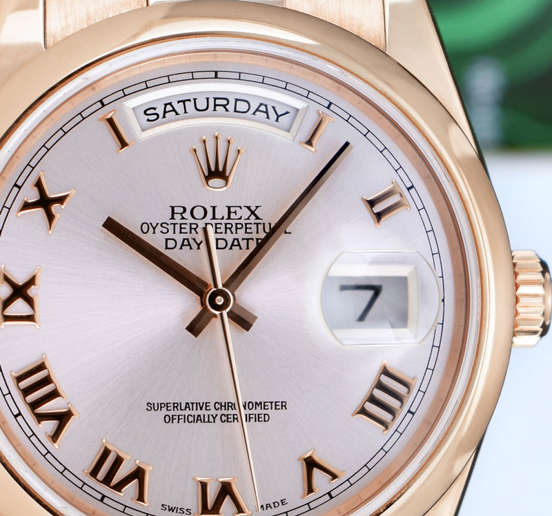 ROLEX 36mm 18kt Rose Gold Day Date President Rose Roman Model 118205