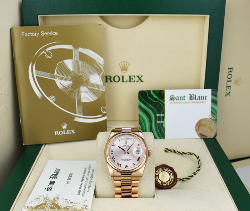 ROLEX 36mm 18kt Rose Gold Day Date President Rose Roman Model 118205