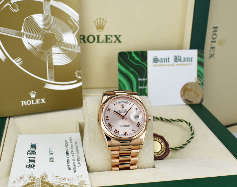 ROLEX 36mm 18kt Rose Gold Day Date President Rose Roman Model 118205