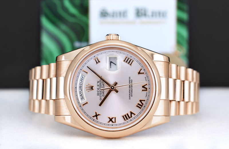 ROLEX 36mm 18kt Rose Gold Day Date President Rose Roman Model 118205