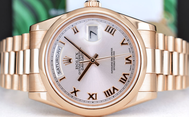 ROLEX 36mm 18kt Rose Gold Day Date President Rose Roman Model 118205