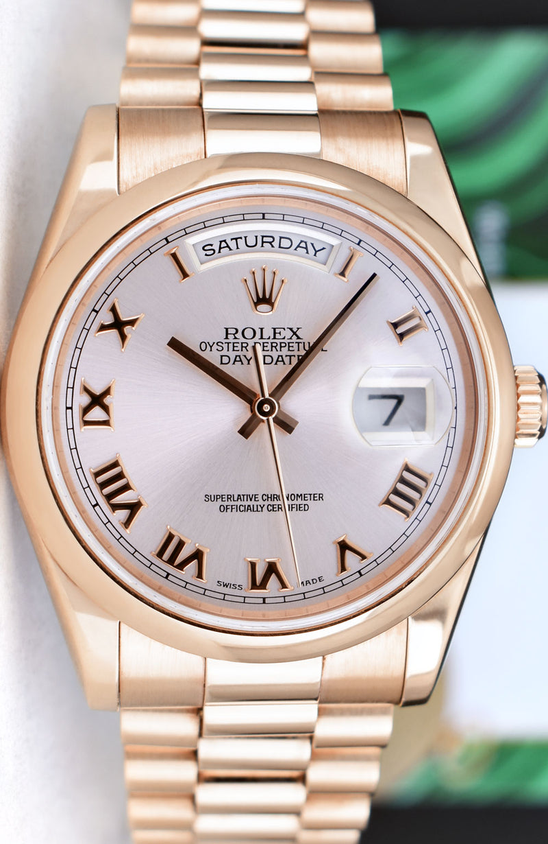 ROLEX 36mm 18kt Rose Gold Day Date President Rose Roman Model 118205