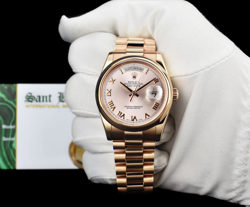 ROLEX 36mm 18kt Rose Gold Day Date President Rose Roman Model 118205