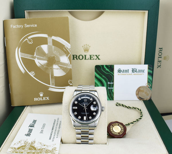 ROLEX 36mm Platinum Day Date President Black Diamond Dial Model 118206