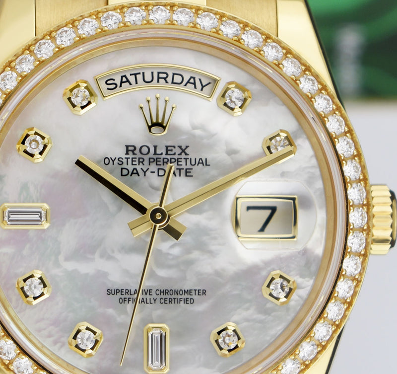 ROLEX 36mm 18kt Gold Day Date President Mother of Pearl Diamond Dial Box & Card Model 118348