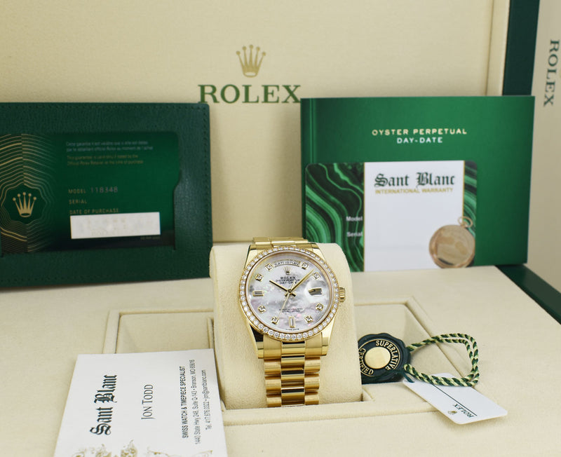 ROLEX 36mm 18kt Gold Day Date President Mother of Pearl Diamond Dial Box & Card Model 118348